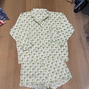 Women's White and Green Palm Print Pajama Set